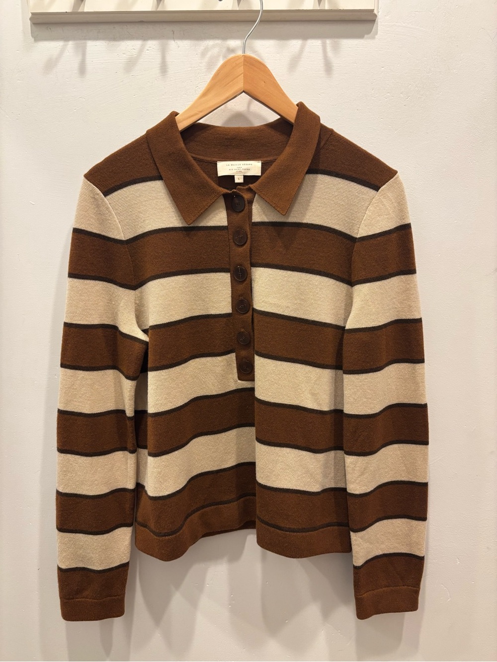 Sezane Brown and Cream Striped Polo Sweater
